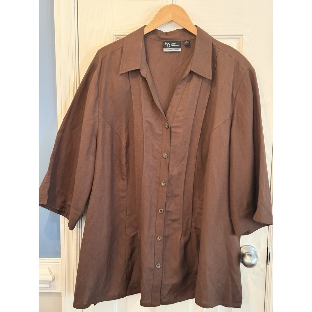 Added Dimensions Chocolate Brown Linen Blend Button Up Size 3X  3/4 Sleeve